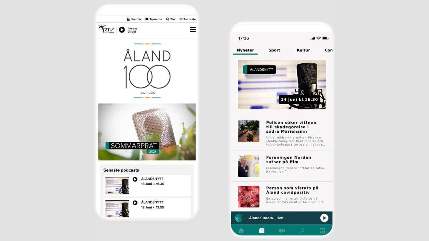 två mobiltelefoner som visar Ålands Radios webb och app