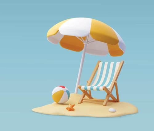 Strand med parasoll, solstol och badboll